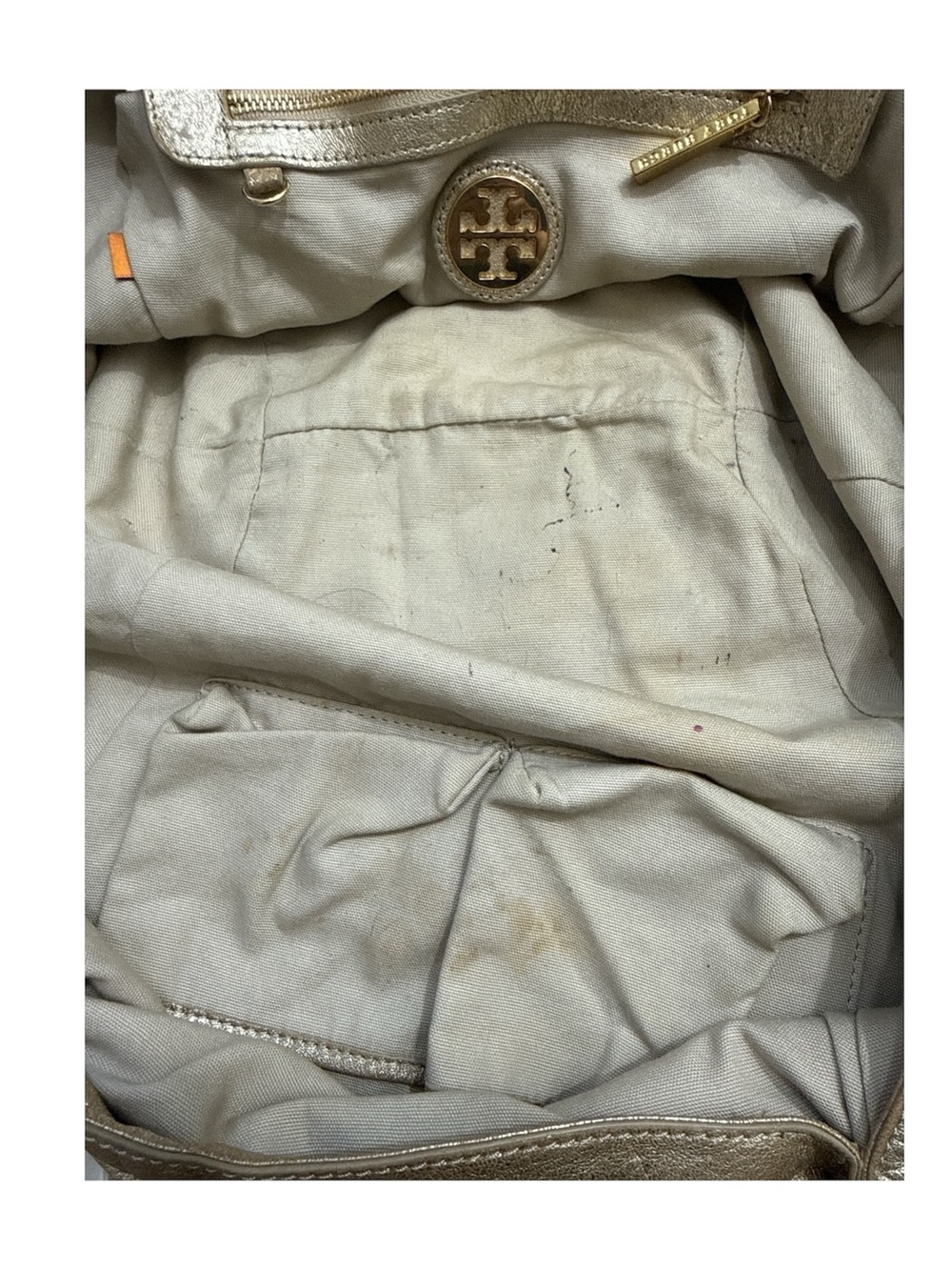 Tory Burch Metallic Gold Leather Shoulder Hobo with Tassel and Mirror Charm - Picture 6 of 8